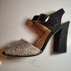8 By Yoox - Italian Made Crinkle Silver & Black Suede 4" Heeled Sandal
